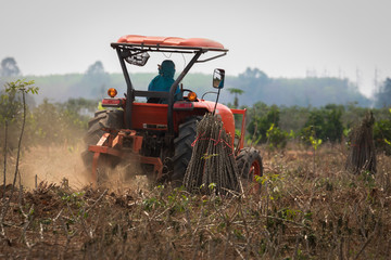 Manioc Bauer mit Traktor auf dem Feld