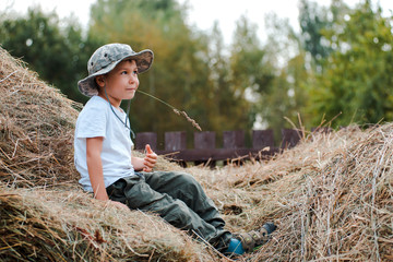 little boy sitting at the height of a large haystack in the village. The child the farmer.