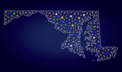 Glamour mesh vector Maryland State map with glow light spots. Mesh model for patriotic illustrations. Abstract lines, dots, glare spots are organized into Maryland State map.