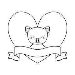 cute piggy animal with ribbon in frame heart shape