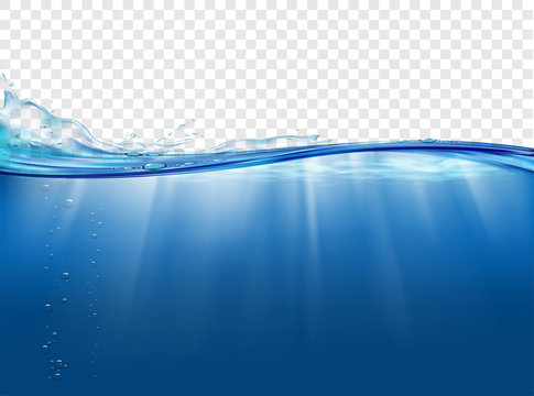 Underwater landscape with sunbeams. Water surface background.