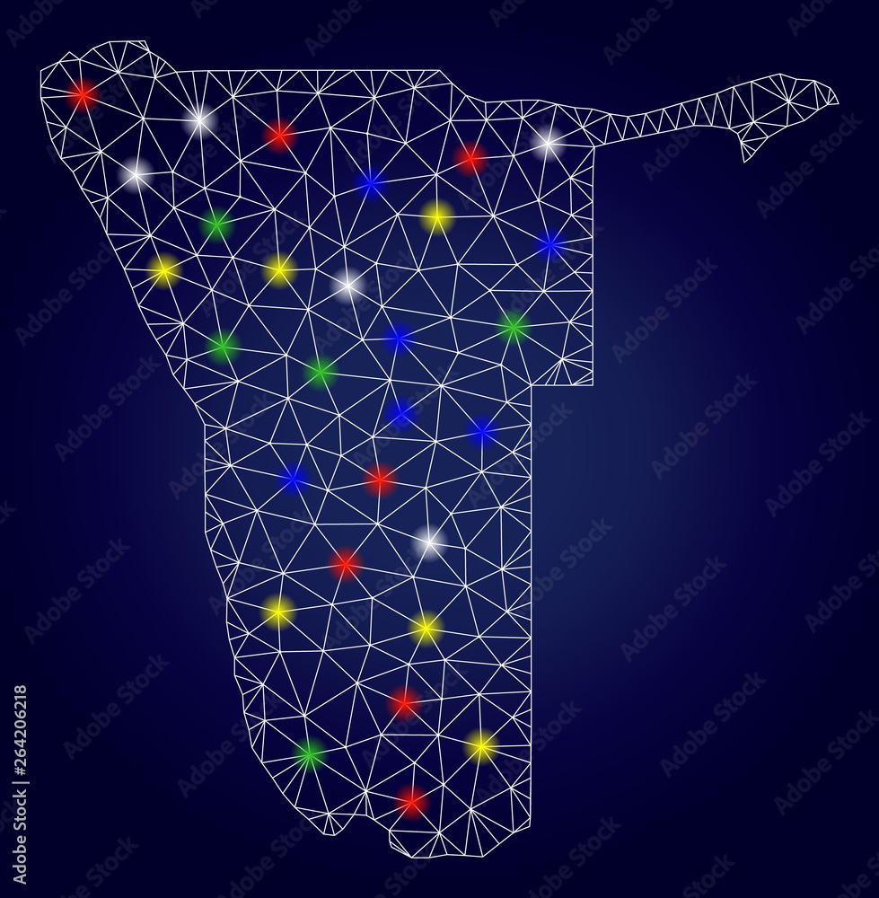 Poster bright mesh vector namibia map with glow light spots. mesh model for political templates. abstract l