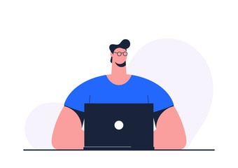 Stylized Flat Character. Man Working with Laptop. Vector Illustration