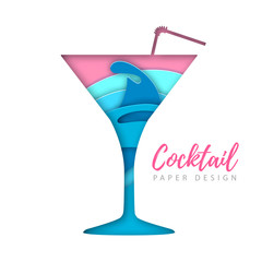 Cocktail cosmopolitan silhouette. Cut out paper art style design.