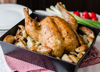 Roasted whole chicken. Easter concept