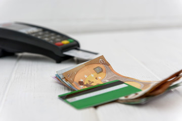 Selective focus on euro banknotes with credit card