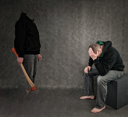 You do what I tell you. Horror art man with ax in black hood in despair in stalemate in studio with...