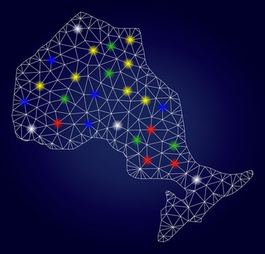 Bright polygonal vector Ontario Province map with glow light spots. Mesh model for patriotic posters. Abstract lines, dots, light spots are organized into Ontario Province map.