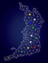 Bright mesh vector Osaka Prefecture map with glare light spots. Mesh model for patriotic illustrations. Abstract lines, dots, light spots are organized into Osaka Prefecture map.