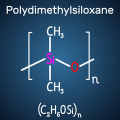 Polydimethylsiloxane, PDMS, silicone polymer, molecule. Structural chemical formula and molecule model on the dark blue background