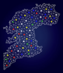Bright mesh vector Pontevedra Province map with glare light spots. Mesh model for patriotic templates. Abstract lines, dots, flash spots are organized into Pontevedra Province map.