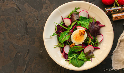 salad with radishes, egg and mix leaves lettuce, snack. food background. top view