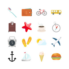 Miscellaneous travel and vacation color icons set simple flat style illustration isolated on white background