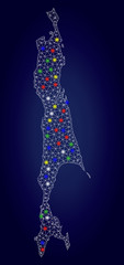 Bright mesh vector Sakhalin Island map with glow light spots. Mesh model for patriotic templates. Abstract lines, dots, light spots are organized into Sakhalin Island map.