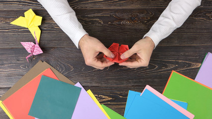 Hands of man folding lotus from paper. Hands doing origami flower. Art of origami.