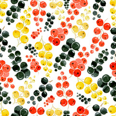 Seamless watercolor pattern of red, gold and black currant on white background