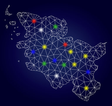 Bright mesh vector Schleswig-Holstein Land map with glow light spots. Mesh model for political purposes. Abstract lines, dots, light spots are organized into Schleswig-Holstein Land map.