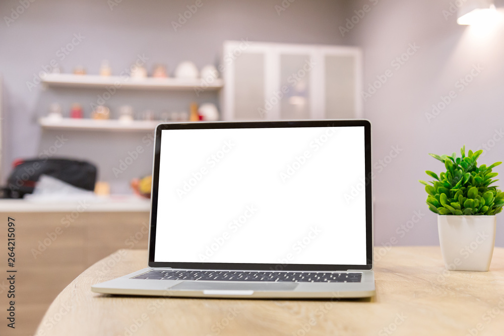 Poster laptop showing blank screen on work table front view in home- image