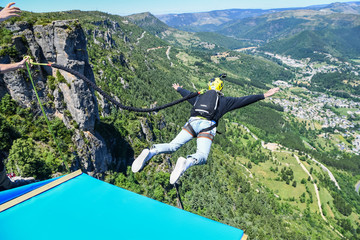 Matthias dandois during his bungee jump from a cliff, Occitanie, Florac, France