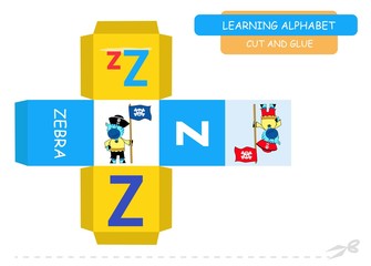 Сut and glue the cube: Letter Z. Educational game for kids. Cute zoo alphabet a-z in vector for children. Letter Z and funny cartoon zebra.       