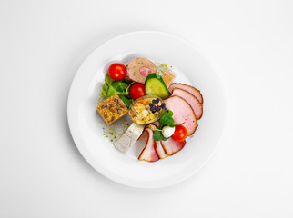 Terrine with smoked chicken and ghebe, Cighir with quail eggs, Spinach roll with cream cheese and salmon, Chicken mash roulade in bacon cake, Smoked pork chops, Humus with the poor, Pulp rolls and can