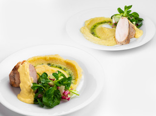 Cooking turkey breast sous vide, celery mashed cream, Cedar sauce, mixed green lettuce.