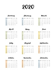 Simple English Vector Calendar. 2020 Year. Black Letters and Numbers with Stripes of 4 Colors Isolated on a White Background. Simple Business Design Calendar 2020. All Months on One Page.