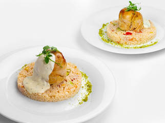 Chicken roll, with, bacon, and, cheese, rice, with vegetables, Roquefort sauce.