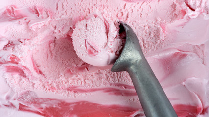 Closeup Scooping ice cream Strawberry, Top view Blank for design.