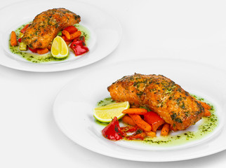 Dried salmon fillet, baked vegetables, flavored with Provence herbs, pesto, aromatic herbs