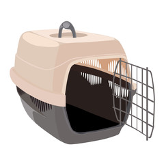 Empty pet carrier for animals transportation with open door for medium size dogs. Vector illustration.