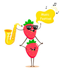 Fun and cartoon strawberries with a saxophone in sunglasses. Vector illustration for music festival. Music Festival
