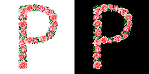 watercolor floral alphabet of roses, Monogram, title letter P isolated on black and white background.