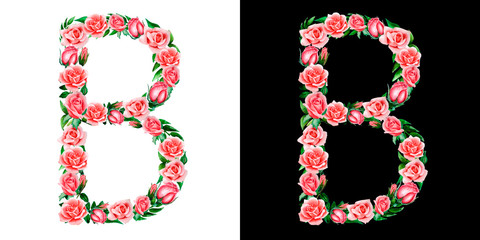 watercolor floral alphabet of roses, Monogram, title letter B isolated on black and white background.