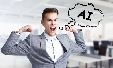 Business, technology, internet and networking concept. Young entrepreneur shouts out a keyword: AI