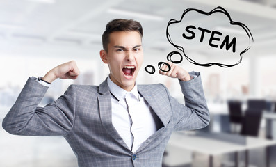 Business, technology, internet and networking concept. Young entrepreneur shouts out a keyword: STEM