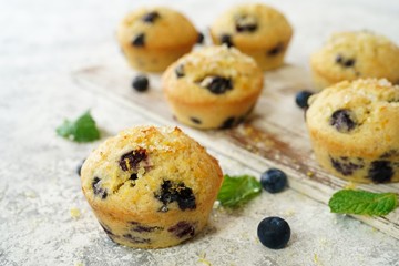 Homemade Lemon Blueberry Muffins with sugar topping, selective focus