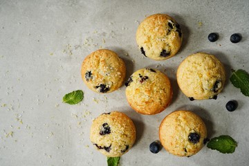 Homemade Lemon Blueberry Muffins with sugar topping, selective focus