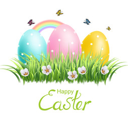 Easter Traditional colorful eggs Vector realistic. Spring holiday banner. 3d detailed poster templates