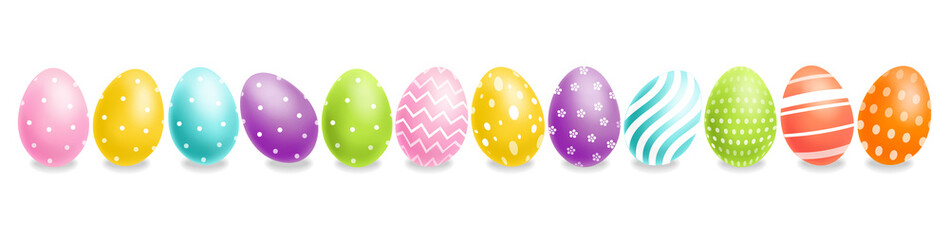 Colorful Easter eggs set Vector realistic. Spring holiday banner. 3d detailed poster templates