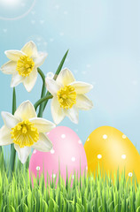 Easter Traditional colorful eggs Vector realistic. Spring holiday banner. Daffodil bouquet flowers. 3d detailed poster templates