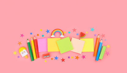 Fans of stationery. children's school concept. set with pencils and cute stationery, creative scene. Flat lay. trendy back to school, education, study concept. minimal kawaii style. 