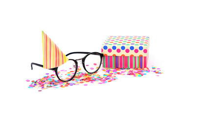 glasses and gift box. party time concept. eyeglasses, confetti and gift box on white background. idea for office party, business holiday, father's day concept, Christmas and Happy new year background