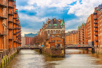 The Warehouse district Speicherstadt during spring in Hamburg, Germany. Warehouses in Hafencity...