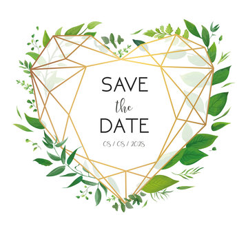 Wedding floral invite, invitation, save the date card design. Luxury, golden geometrical heart shape frame & fresh forest watercolor greenery plants, branches, green leaf wreath botanical illustration