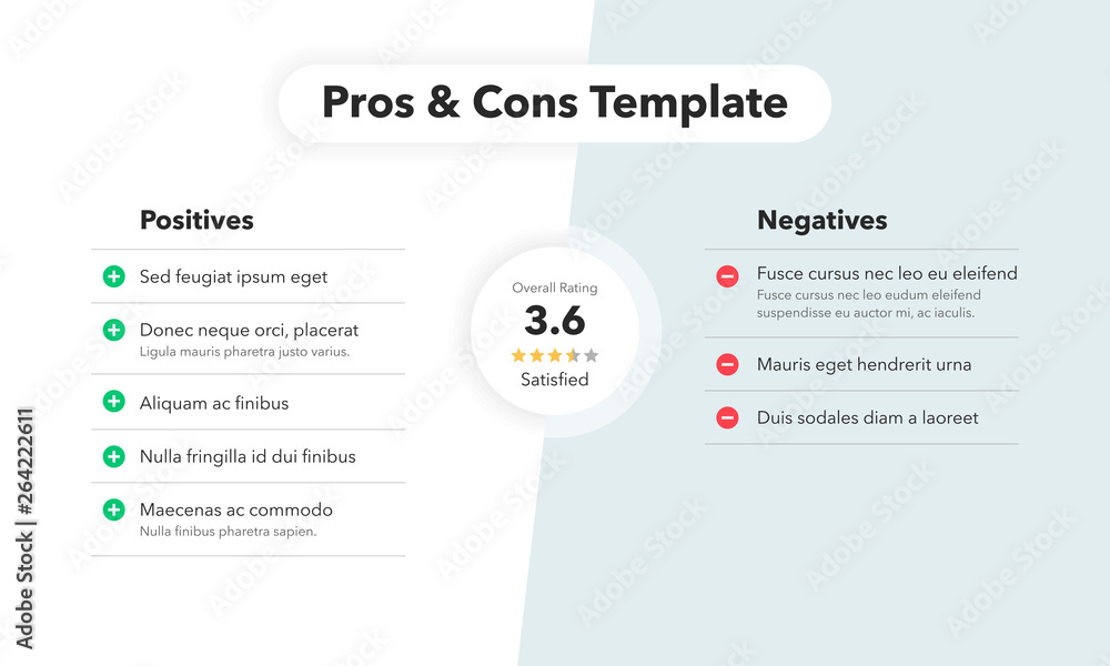 Poster Simple infographic for pros and cons with overall rating. Easy to use for your website or presentation isolated on light background.