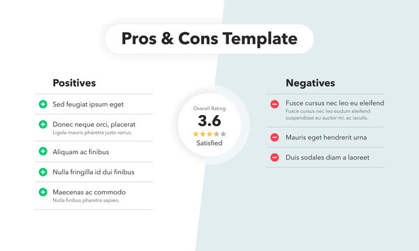 Simple infographic for pros and cons with overall rating. Easy to use for your website or presentation isolated on light background.