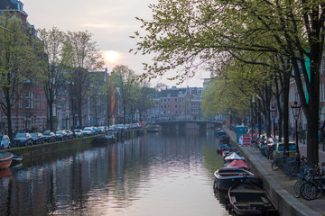 Evening streets of Amsterdam in the spring, the Netherlands