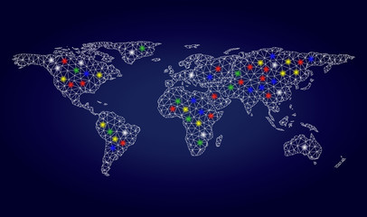 Glossy polygonal vector world map with glow light spots. Mesh model for patriotic posters. Abstract lines, dots, light spots are organized into world map. Dark blue gradiented background.
