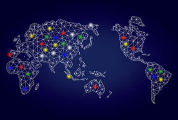 Glossy mesh vector worldwide map with glowing light spots. Mesh model for patriotic templates. Abstract lines, dots, light spots are organized into worldwide map. Dark blue gradiented background.